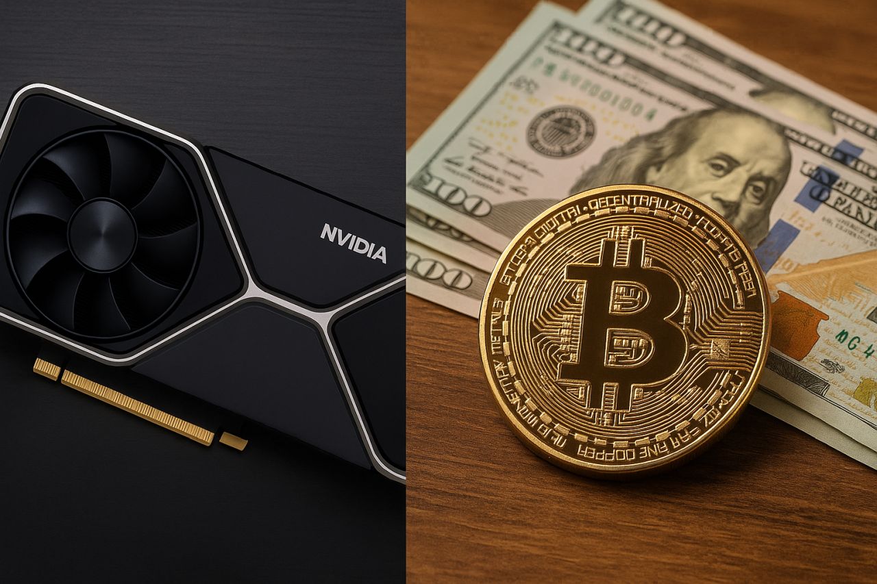 sulla sinistra un componente con brand Nvidia. Sulla destra una moneta di Bitcoin e una banconota in dollari