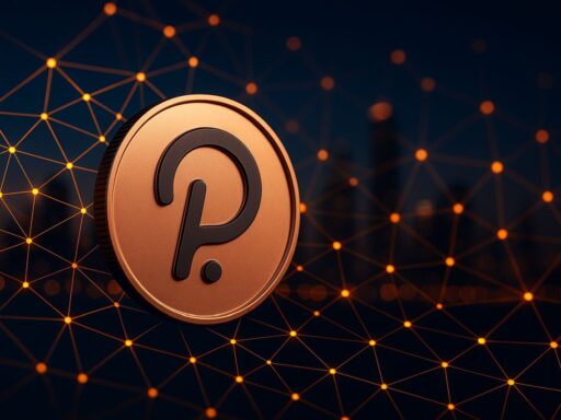 Il logo di Polkadot con dei puntini luminosi sullo sfondo