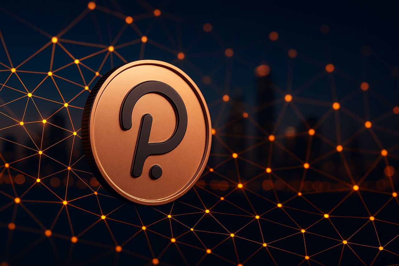Il logo di Polkadot con dei puntini luminosi sullo sfondo