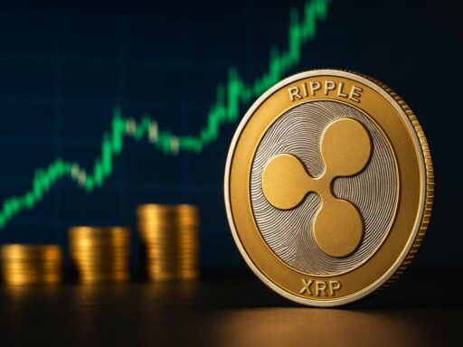 Una moneta di XRP con altre monete in pila accanto. Sullo sfondo un grafico finanziario
