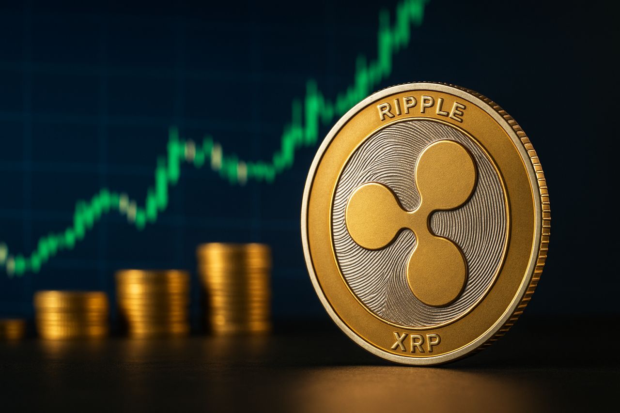 Una moneta di XRP con altre monete in pila accanto. Sullo sfondo un grafico finanziario