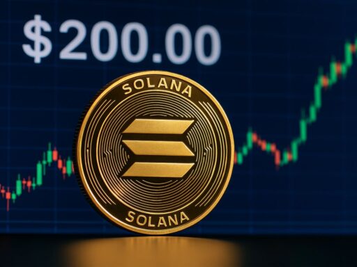 una moneta con il simbolo di Solana e un grafico a candele dietro