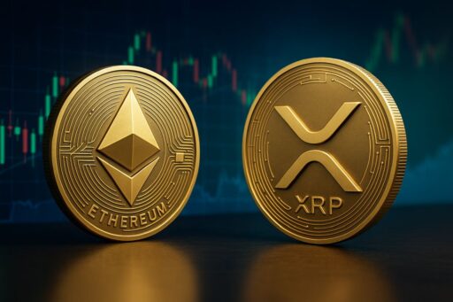 una moneta con il simbolo di Ethereum a destra e una con il simbolo di XRP a sinistra