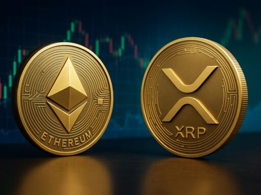 una moneta con il simbolo di Ethereum a destra e una con il simbolo di XRP a sinistra