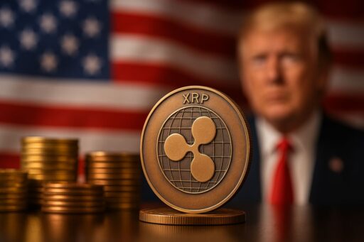 Una moneta con il simbolo di XRP. Sullo sfondo Trump e la bandiera degli USA