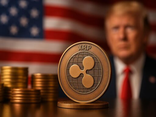 Una moneta con il simbolo di XRP. Sullo sfondo Trump e la bandiera degli USA