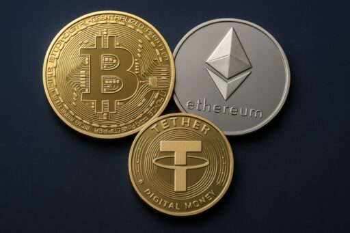 Tre monete, ciascuna con il simbolo di una criptovaluta diversa