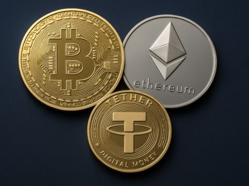 Tre monete, ciascuna con il simbolo di una criptovaluta diversa
