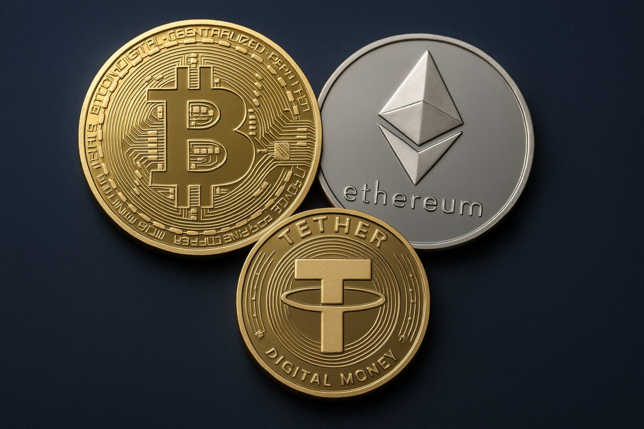 Tre monete, ciascuna con il simbolo di una criptovaluta diversa