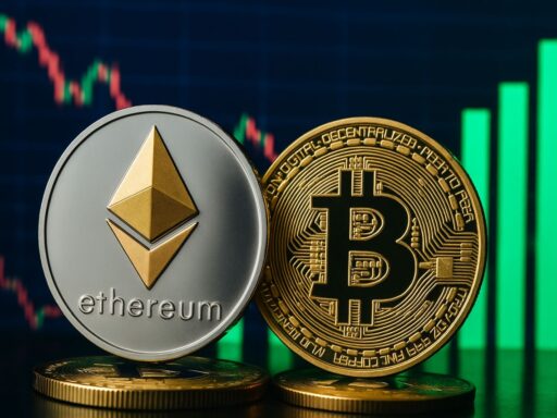 Una moneta di Ethereum a sinistra e una di Bitcoin a destra. Sullo sfondo un grafico a candele e uno a colonne