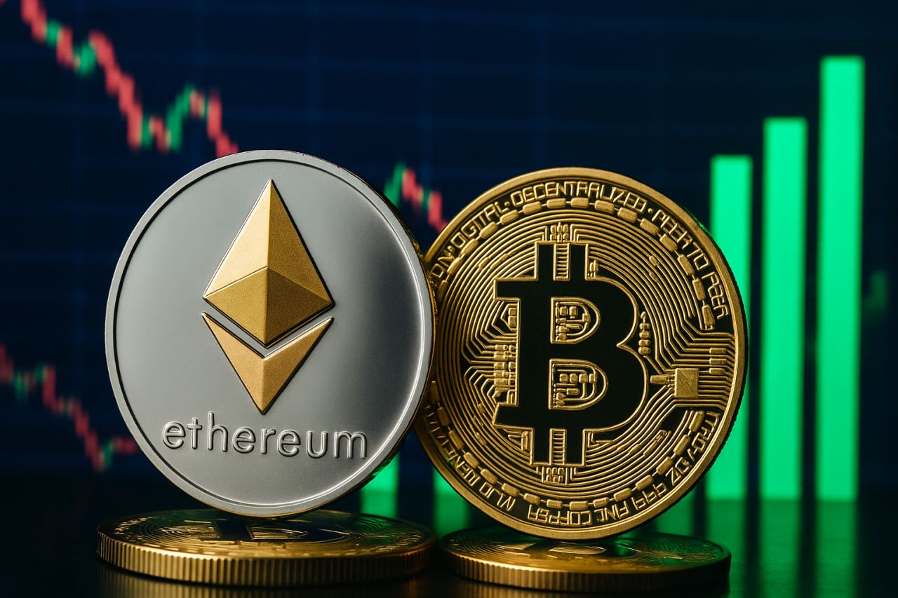 Una moneta di Ethereum a sinistra e una di Bitcoin a destra. Sullo sfondo un grafico a candele e uno a colonne