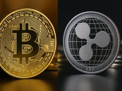 Una moneta con il simbolo di BTC accanto a una con il simbolo di XRP