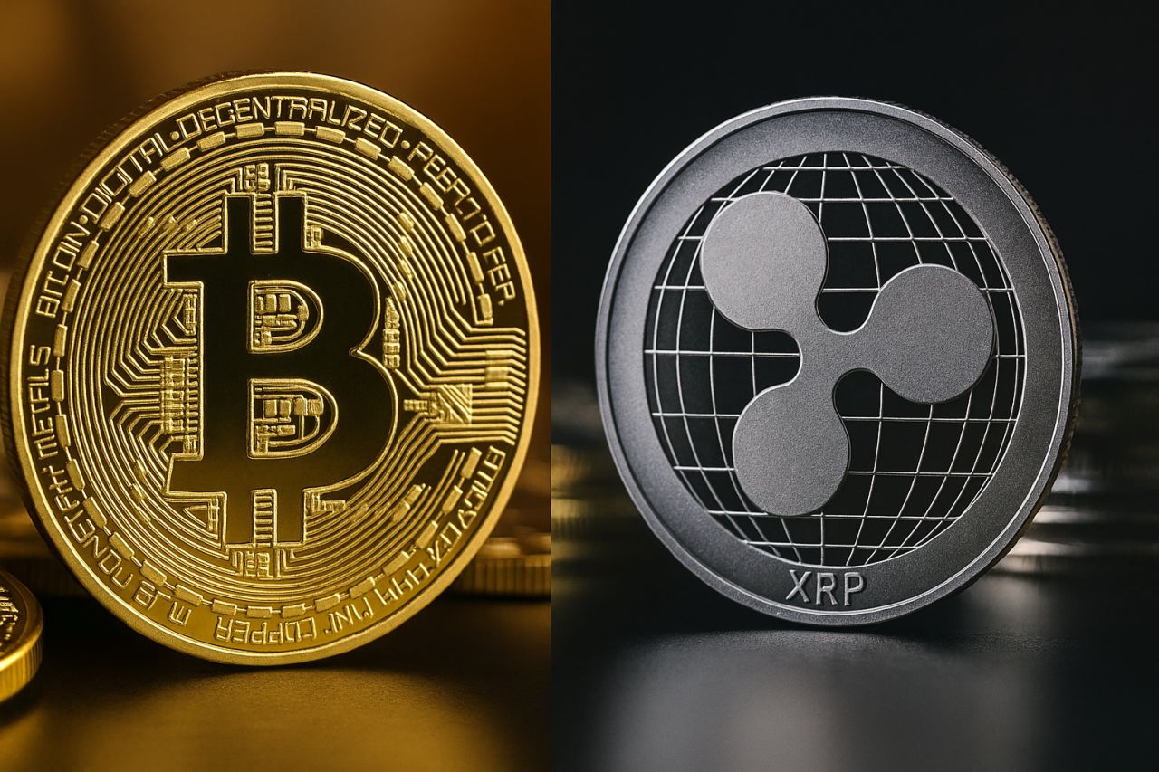 Una moneta con il simbolo di BTC accanto a una con il simbolo di XRP