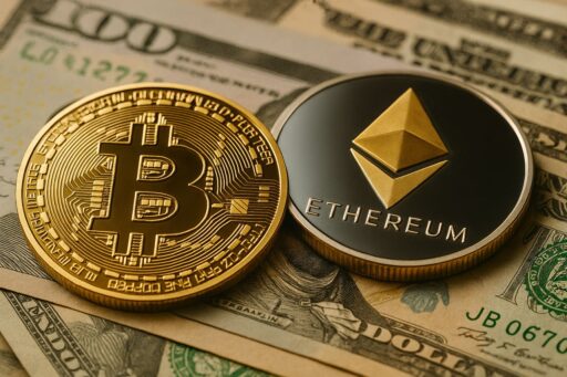 Una moneta di Bitcoin accanto a una moneta di Ethereum con delle banconote sullo sfondo