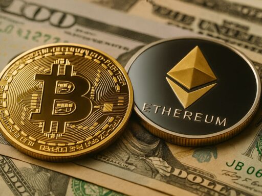 Una moneta di Bitcoin accanto a una moneta di Ethereum con delle banconote sullo sfondo