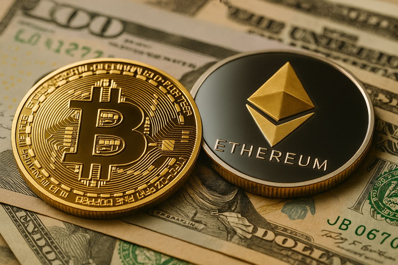 Una moneta di Bitcoin accanto a una moneta di Ethereum con delle banconote sullo sfondo