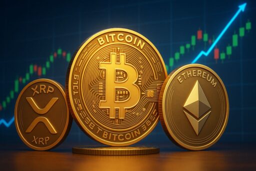 Una moneta con il simbolo di Bitcoin al centro. Accanto ad essa, più piccole, una con il simbolo di XRP e una con quello di ETH
