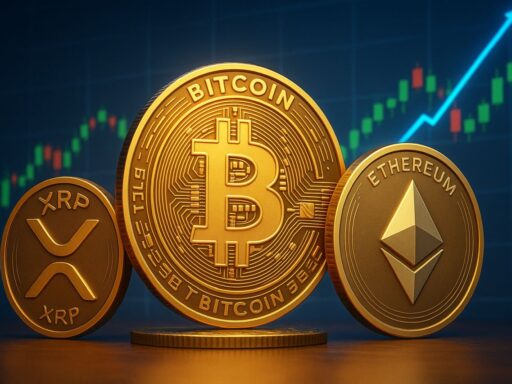 Una moneta con il simbolo di Bitcoin al centro. Accanto ad essa, più piccole, una con il simbolo di XRP e una con quello di ETH