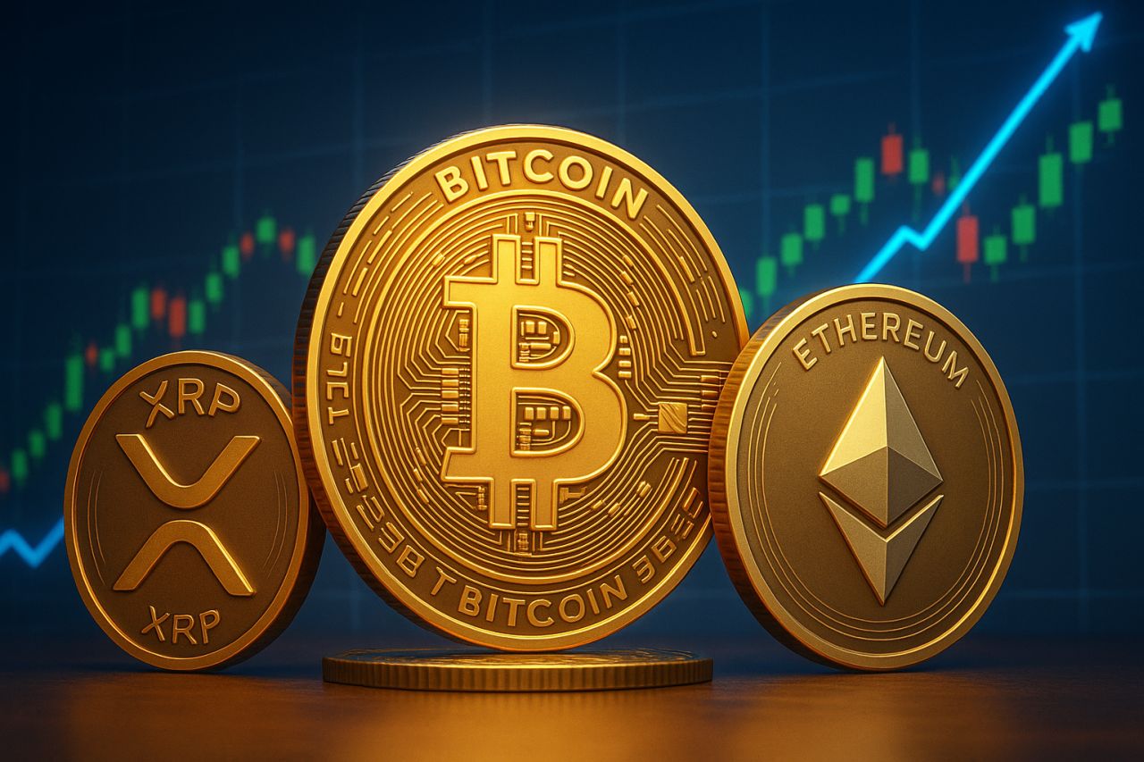 Una moneta con il simbolo di Bitcoin al centro. Accanto ad essa, più piccole, una con il simbolo di XRP e una con quello di ETH