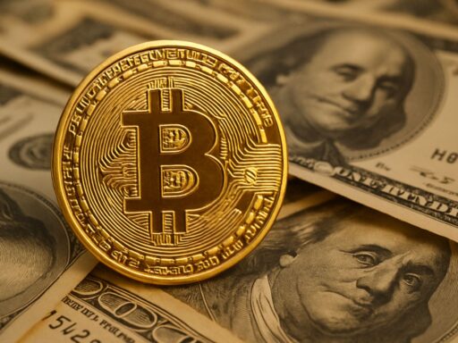 una moneta con il simbolo di Bitcoin con delle banconote sullo sfondo