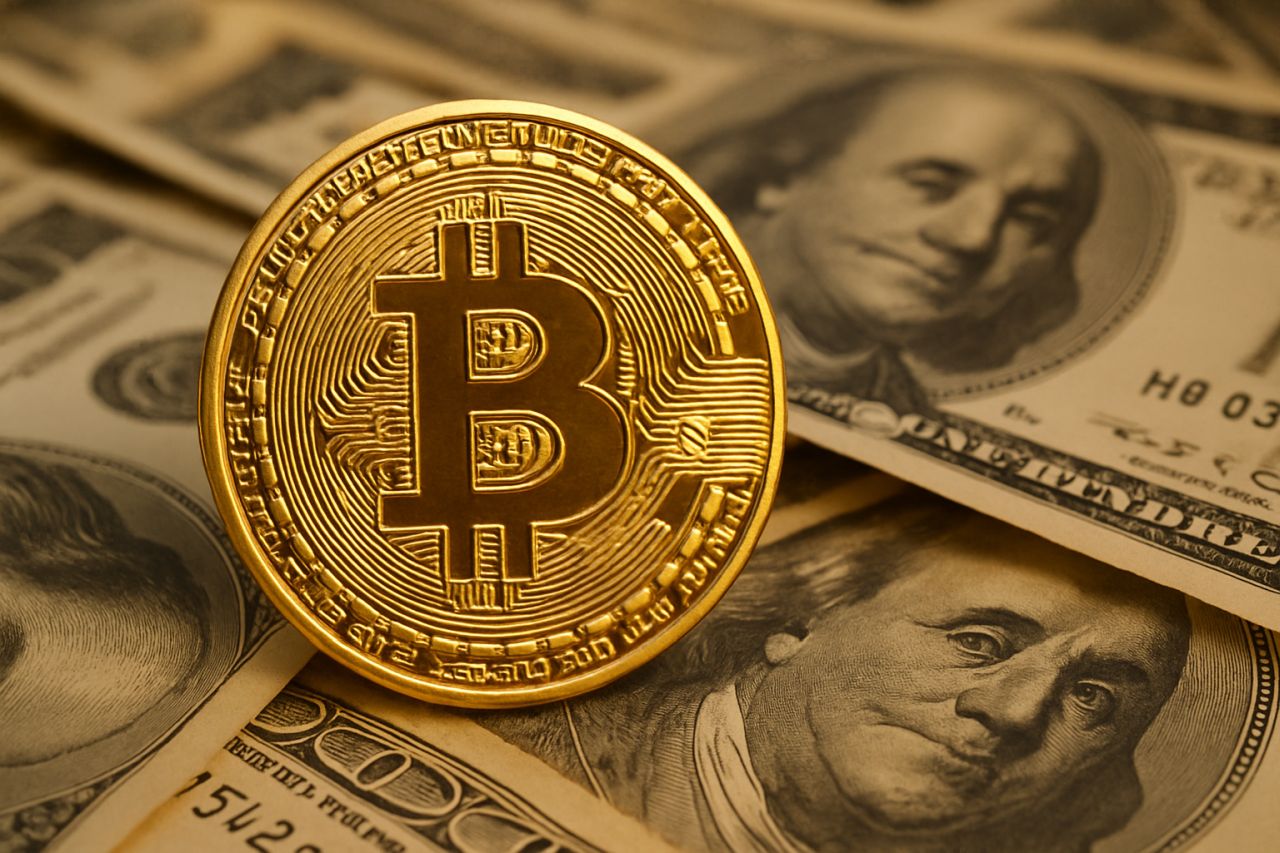 una moneta con il simbolo di Bitcoin con delle banconote sullo sfondo