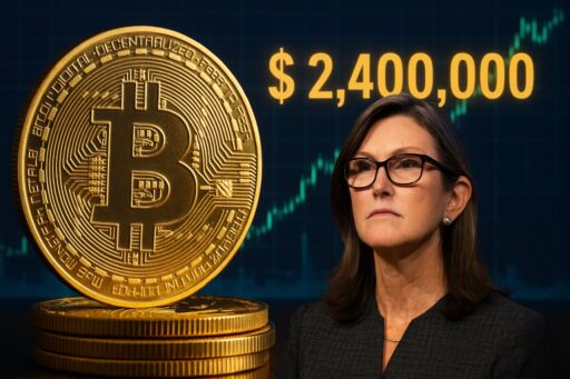 primo piano di una donna di mezza età con una moneta di Bitcoin sulla sinistra e la scritta 2.400.000$ in alto