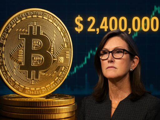 primo piano di una donna di mezza età con una moneta di Bitcoin sulla sinistra e la scritta 2.400.000$ in alto