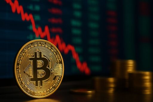 Una moneta di Bitcoin con un grafico in discesa sullo sfondo