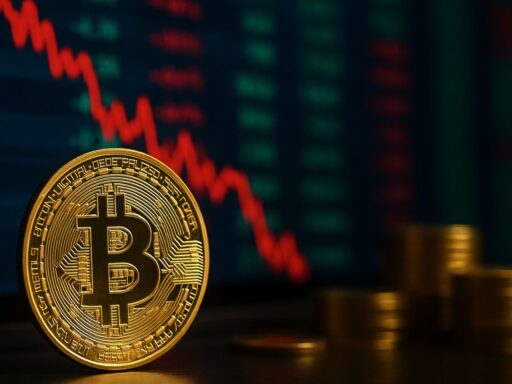 Una moneta di Bitcoin con un grafico in discesa sullo sfondo