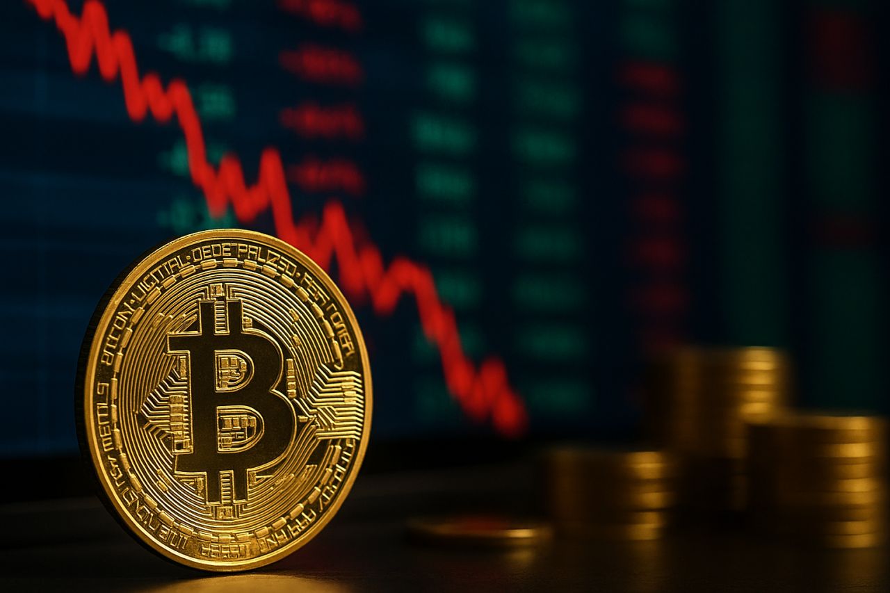 Una moneta di Bitcoin con un grafico in discesa sullo sfondo
