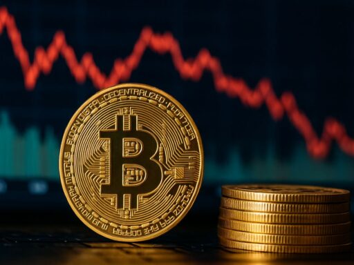 Una moneta con il simbolo di Bitcoin e un grafico finanziario sullo sfondo