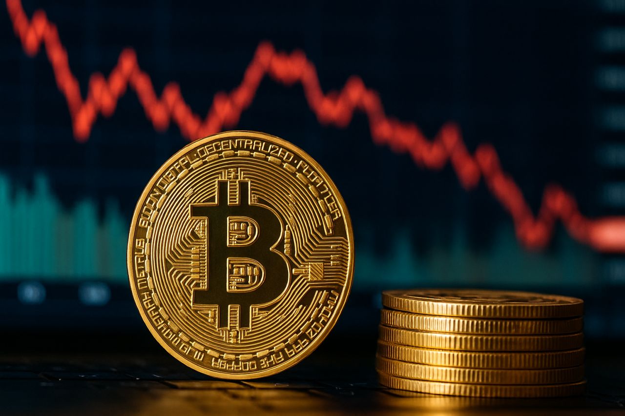Una moneta con il simbolo di Bitcoin e un grafico finanziario sullo sfondo