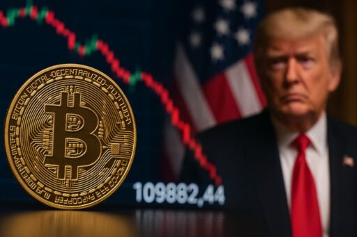 Primo piano di Donald Trump con una moneta di Bitcoin sul lato sx dell'immagine e un grafico in discesa sullo sfondo