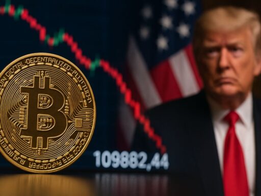 Primo piano di Donald Trump con una moneta di Bitcoin sul lato sx dell'immagine e un grafico in discesa sullo sfondo