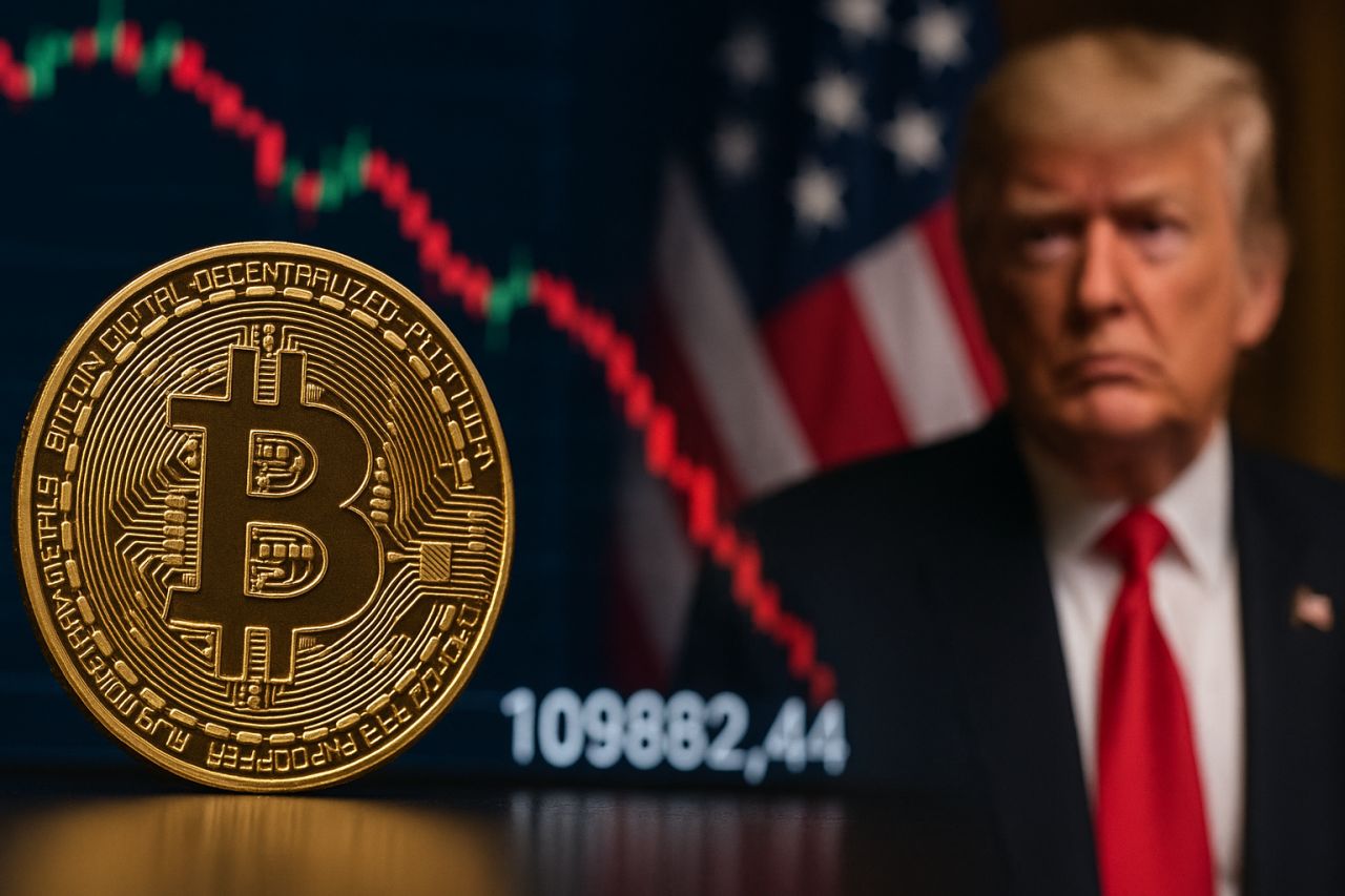 Primo piano di Donald Trump con una moneta di Bitcoin sul lato sx dell'immagine e un grafico in discesa sullo sfondo