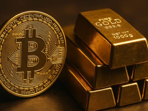 Una moneta di Bitcoin e dei lingotti d'oro