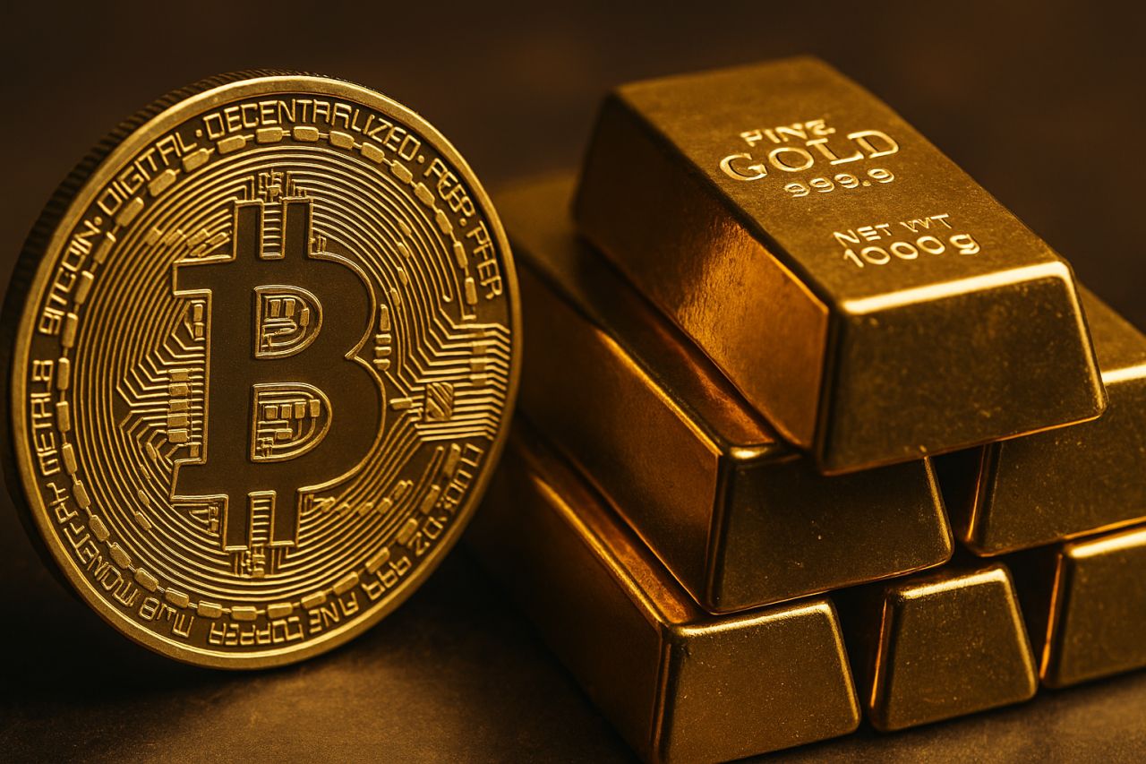 Una moneta di Bitcoin e dei lingotti d'oro