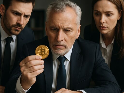 tre persone che osservano una moneta con il simbolo di Bitcoin