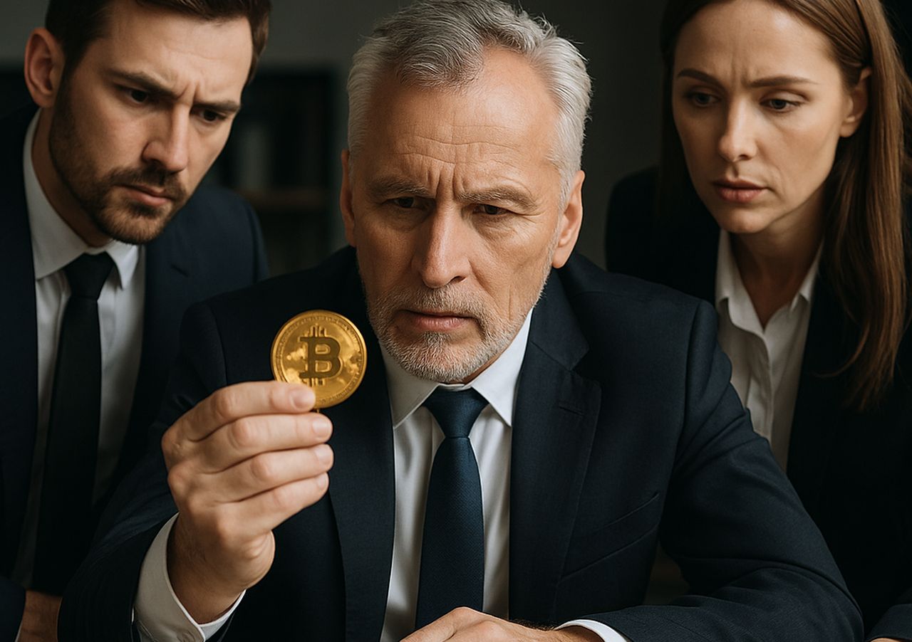 tre persone che osservano una moneta con il simbolo di Bitcoin