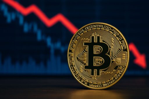 Una moneta di Bitcoin con un grafico dietro e una freccia rossa verso il basso