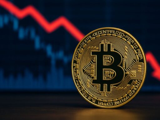 Una moneta di Bitcoin con un grafico dietro e una freccia rossa verso il basso