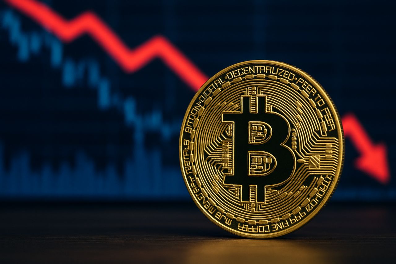 Una moneta di Bitcoin con un grafico dietro e una freccia rossa verso il basso