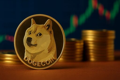 Una moneta con il simbolo di Dogecoin e un grafico a candele sullo sfondo