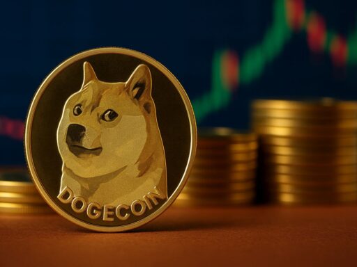 Una moneta con il simbolo di Dogecoin e un grafico a candele sullo sfondo