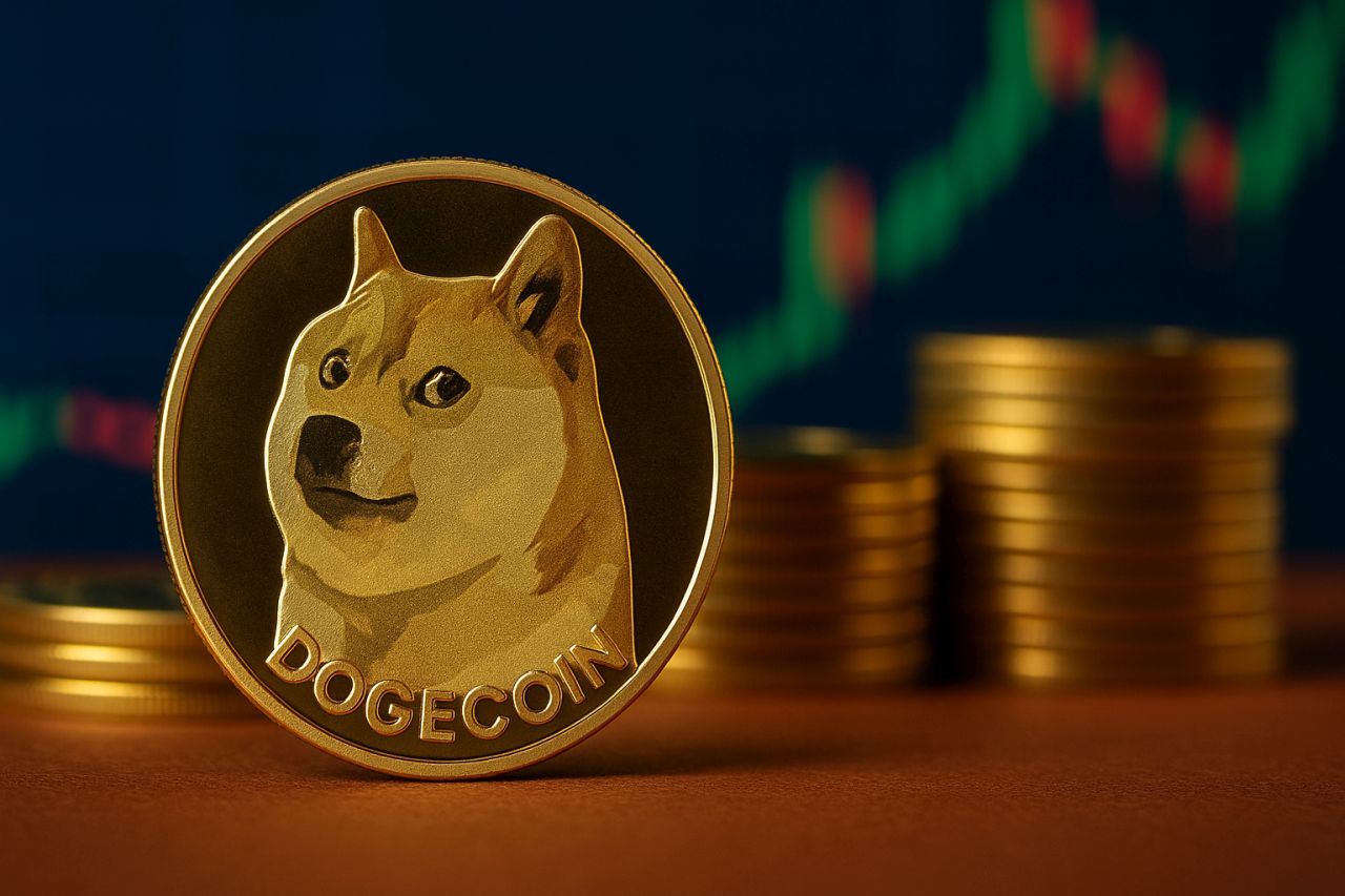 Una moneta con il simbolo di Dogecoin e un grafico a candele sullo sfondo