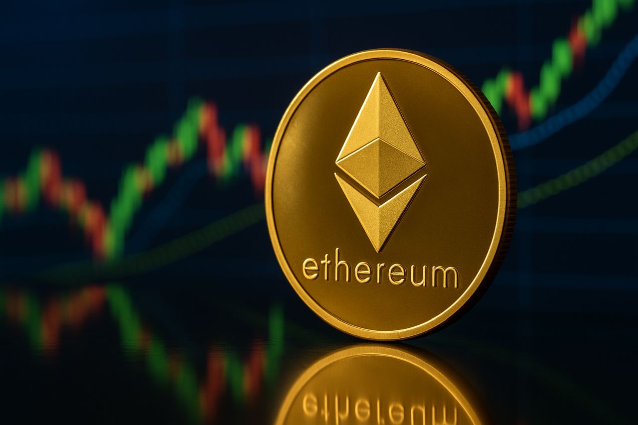 Una moneta con il simbolo di Ethereum e un grafico a candele sullo sfondo