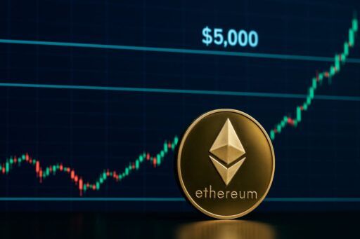 Una moneta di Ethereum con un grafico finanziario sullo sfondo