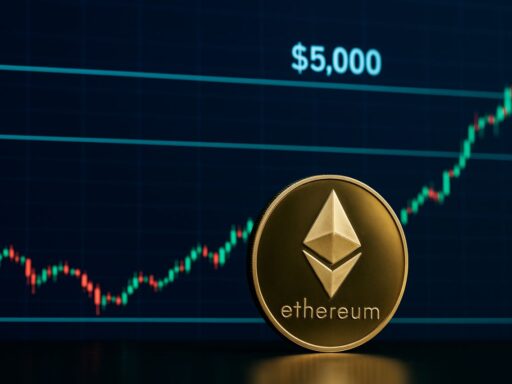 Una moneta di Ethereum con un grafico finanziario sullo sfondo