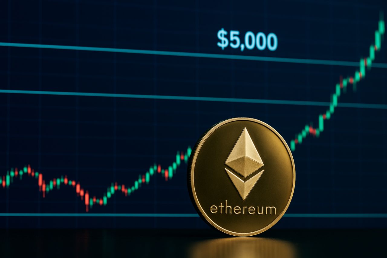 Una moneta di Ethereum con un grafico finanziario sullo sfondo
