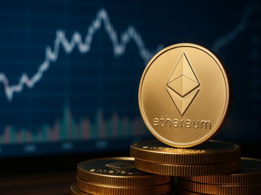 Una moneta con il simbolo di Ethereum e un grafico finanziario sullo sfondo